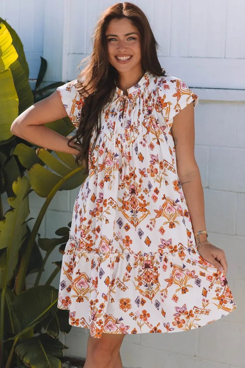 Apricot Floral Geometric Print Ruffled Trim Flutter Sleeve Dress - Love Salve